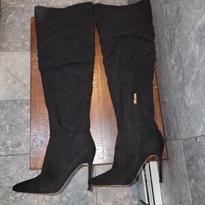 Jessica Simpson Black Suede Thigh High Boots with 4" Stiletto Heel, Size 8.5M/39